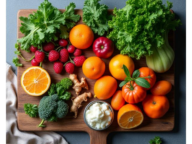 Close-up of vibrant, fresh organic produce on a wooden cutting board, with hands preparing a healthy meal.