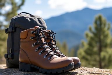 High-quality hiking boots and a durable backpack resting on a rock with a blurred backdrop of the Colorado mountains, emphasizing outdoor activity and adventure readiness.