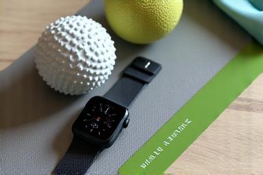 Sleek fitness smartwatch and a small myofascial release ball resting on a natural wood surface, symbolizing data-driven fitness tracking and muscle recovery methods.